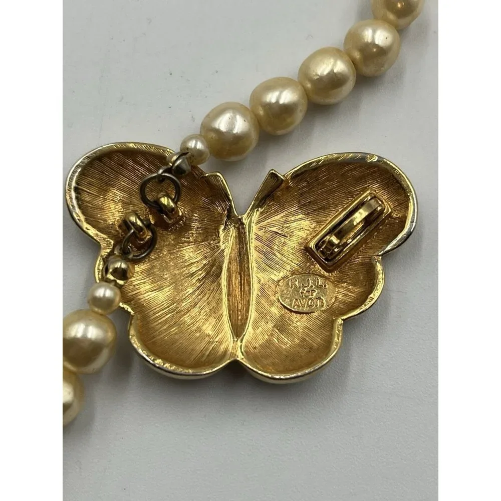 VINTAGE Kenneth Jay Lane KJL for Avon Pearl Enamel Crystal Butterfly Necklace - Picture 6 of 16